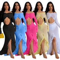 Sexy V-neck solid color perspective long sleeve dress