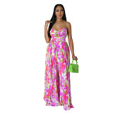 Open back strapless printed pleated wide leg women jumpsuit