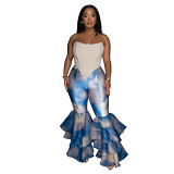 Tie-dyed printed bell bottoms ruffled trousers