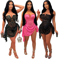 Sexy V-neck tube top perspective sequined women's fashion irregular dress