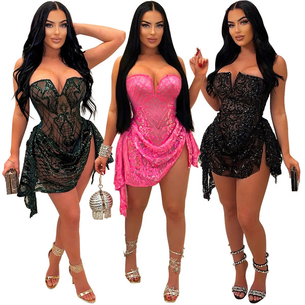 Sexy V-neck tube top perspective sequined women's fashion irregular dress