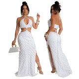 Solid color hollow split party slim long dress