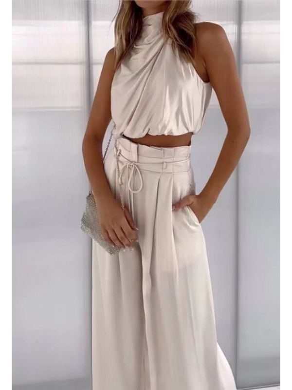 Summer casual sleeveless enterprise collar navel shirt wide-leg pants suit