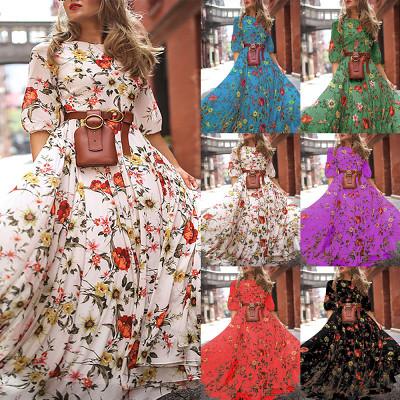 Printed large swing temperament chiffon floral slim long dress