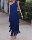 Fashion tassel diagonal shoulder asymmetric dress