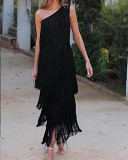 Fashion tassel diagonal shoulder asymmetric dress