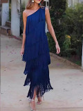 Fashion tassel diagonal shoulder asymmetric dress