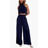 Summer casual sleeveless enterprise collar navel shirt wide-leg pants suit