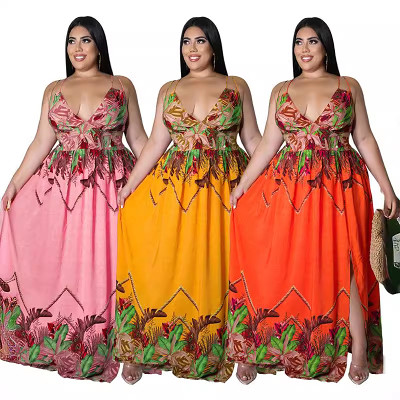 Plus size women's wholesale printed suspender dress