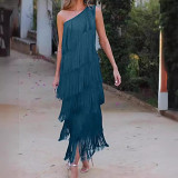 Fashion tassel diagonal shoulder asymmetric dress