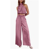 Summer casual sleeveless enterprise collar navel shirt wide-leg pants suit