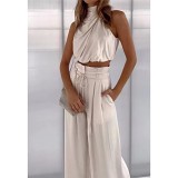 Summer casual sleeveless enterprise collar navel shirt wide-leg pants suit