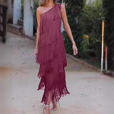 Fashion tassel diagonal shoulder asymmetric dress