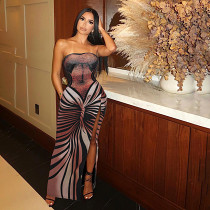 Fashion sexy tube top backless 3D printed slim dress