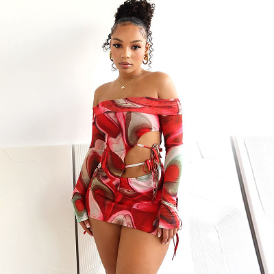 Off shoulder cut out irregular top mini skirt 2 piece set