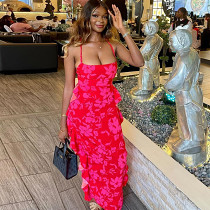 Summer slip top ruffles maxi long skirt print two piece set