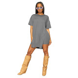Solid color crew neck side slit long tshirt shorts 2 piece set