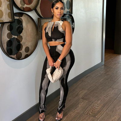 Crop top zipper sleeveless high waist legging printed 2 piece set