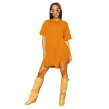 Solid color crew neck side slit long tshirt shorts 2 piece set
