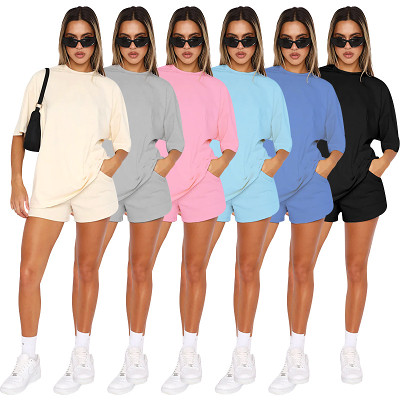 Solid color crew neck short sleeve t-shirt casual shorts set 2 piece outfits
