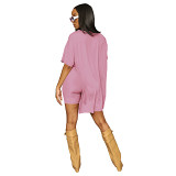 Solid color crew neck side slit long tshirt shorts 2 piece set