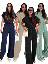 Solid color round neck tshirt high waist wide leg pants 2 piece set