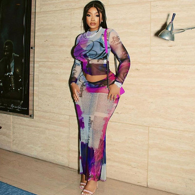 Mesh see through print long sleeve maxi skirt 2 piece set