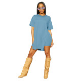 Solid color crew neck side slit long tshirt shorts 2 piece set