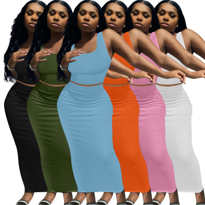 Square collar crop top sleeveless maxi skirt ribbed casual 2 piece set