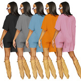 Solid color crew neck side slit long tshirt shorts 2 piece set