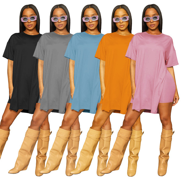 Solid color crew neck side slit long tshirt shorts 2 piece set