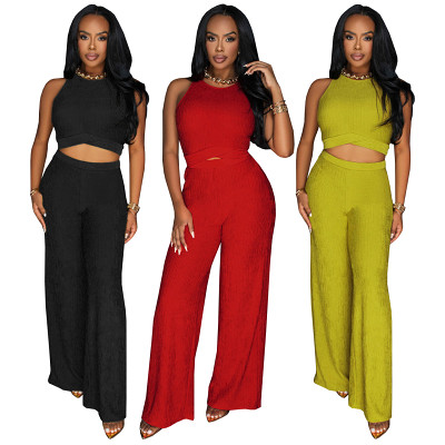 Sleeveless crop top wide leg pants 2 piece summer set