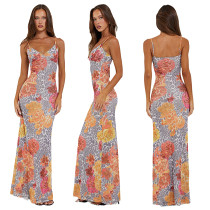 Mesh print slim apsghetti strap maxi long summer dress