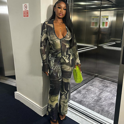 Long sleeve print v neck shirt long trouser 2 piece outfits