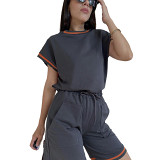 Contrast color crew neck casual tshirt and shorts 2 piece set