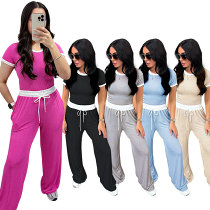 Round neck contrast color casual wide leg pants 2 piece outfits