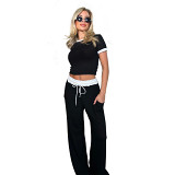 Round neck contrast color casual wide leg pants 2 piece outfits
