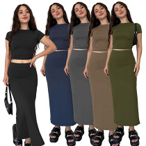 Crew neck short sleeve crop top straight long skirt 2 piece outfits