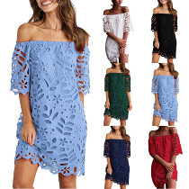 Off shoulder short sleeve straight women lace short dress