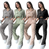 Single button pockets short sleeve shirt straight pants casual 2 piece outfits