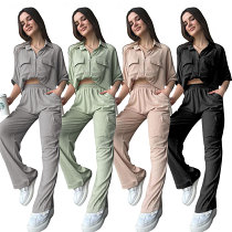 Single button pockets short sleeve shirt straight pants casual 2 piece outfits