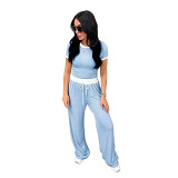 Round neck contrast color casual wide leg pants 2 piece outfits