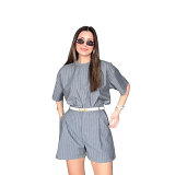 Stripe round neck short sleeve casual women summer shorts set