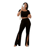 Solid short sleeve crop top slit casual women pants 2 piece outfits