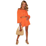 Solid color off shoulder lantern sleeve short top casual shorts set