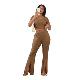 Solid short sleeve crop top slit casual women pants 2 piece outfits