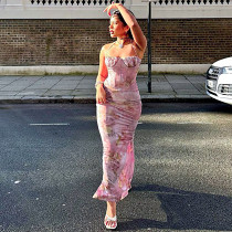 Printed sexy strapless halter slim maxi long dress