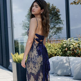 Fashion dyed printed stitching hollow back strap long dress