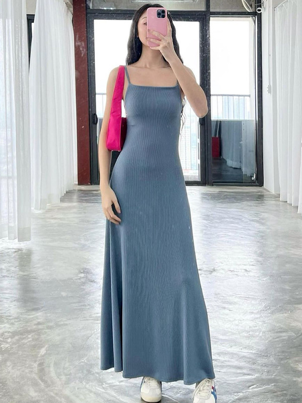 Solid color street sling loose big skirt casual dress
