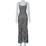 Fashion dyed printed stitching hollow back strap long dress